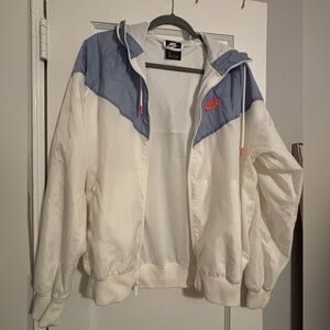 Nike White and Light Blue Hooded Windbreaker with Orange Swoosh